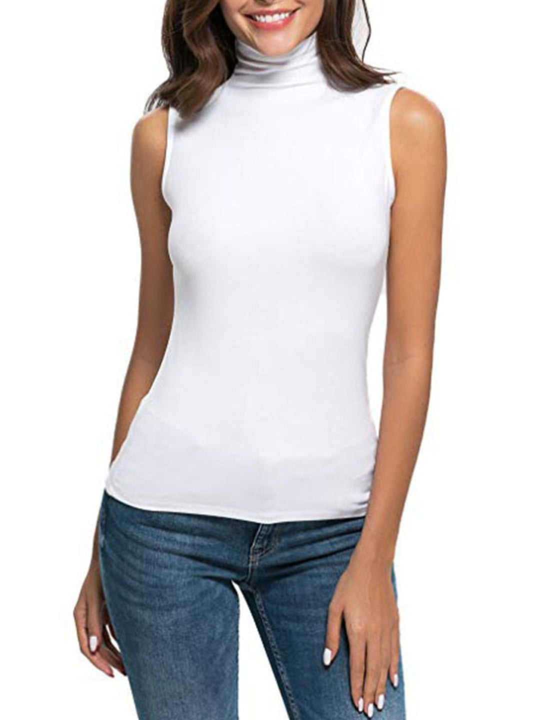 White Sleeveless turtleneck slim-fit knit top