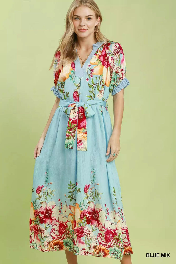 BLUE MIX Mixed floral border print midi dress with tie belt