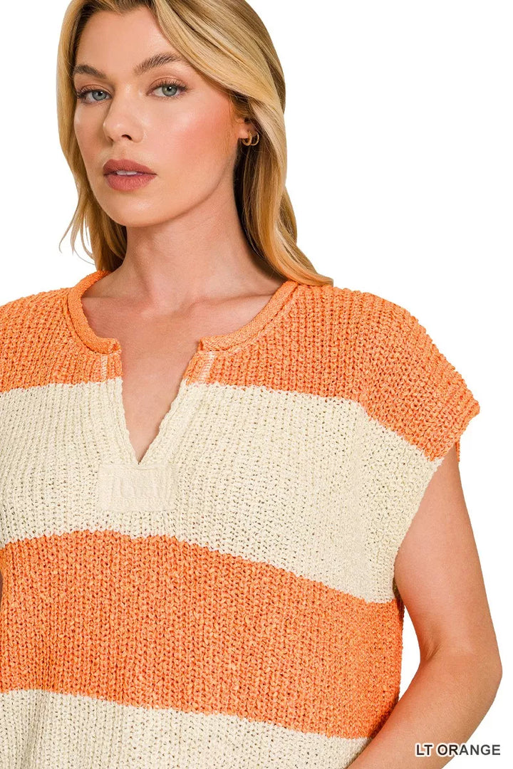 Color-block stripe split-neck short sleeve sweater