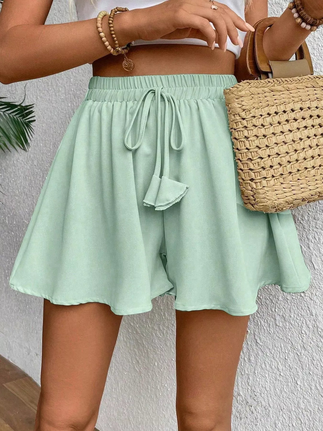 Green Wide-leg flowy shorts with drawstring waist