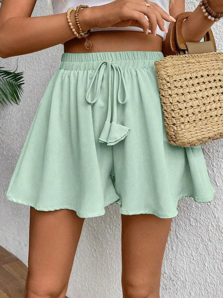 Green Wide-leg flowy shorts with drawstring waist