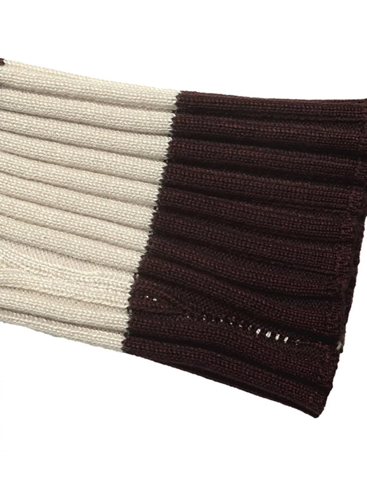 Striped ribbed knit polo collar long sleeve top