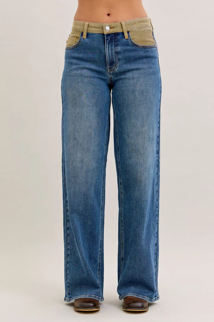 MD Mid-rise straight leg jeans with corduroy waistband
