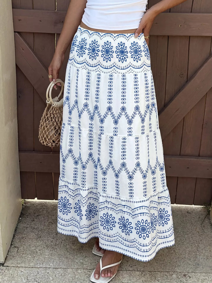 Blue Tiered floral-print maxi skirt with smocked waist