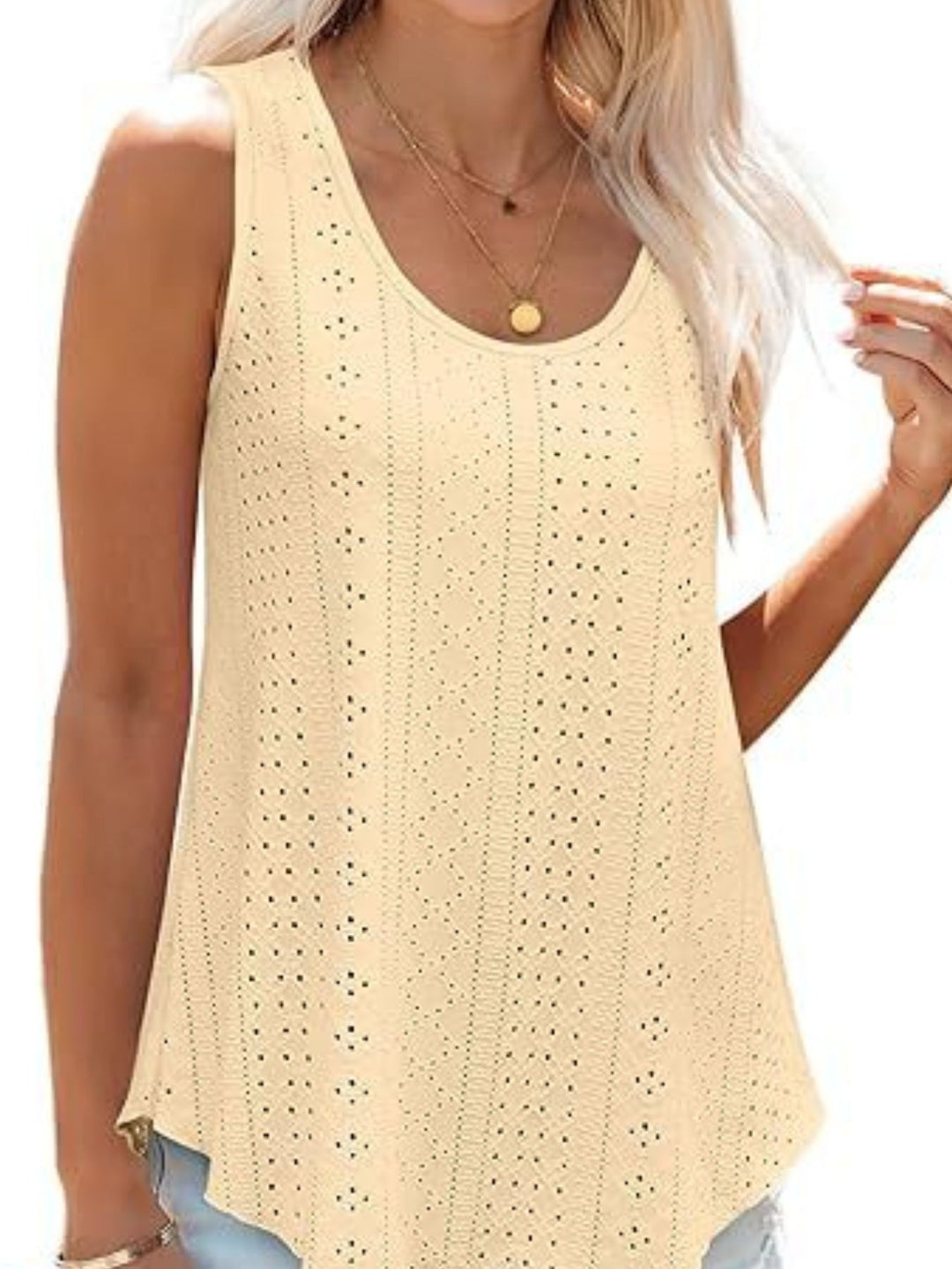 Eyelet knit scoop neck flowy swing tank top