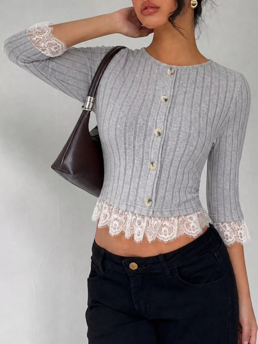 Scalloped lace trim ribbed knit button-down top