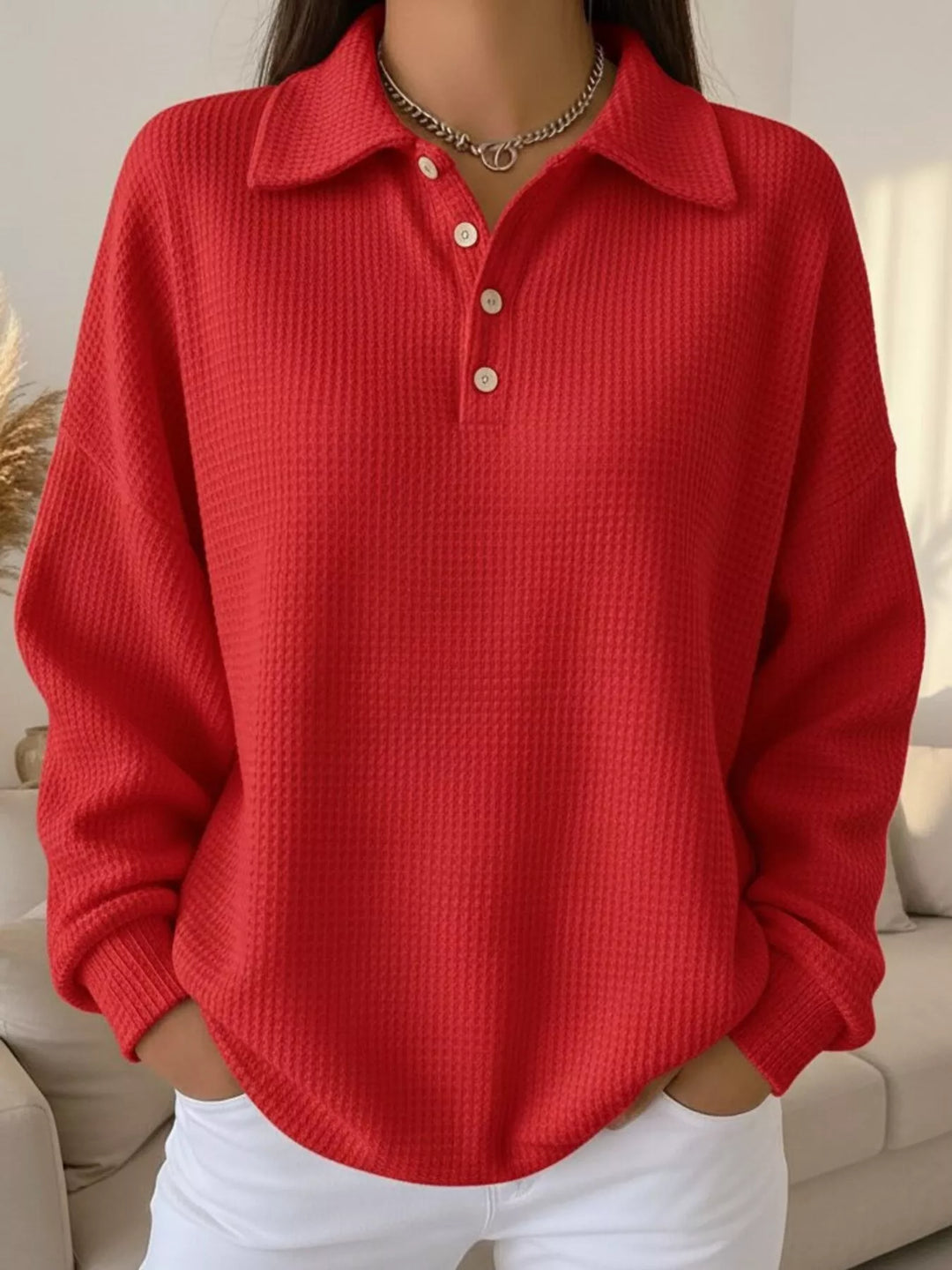 Red Waffle knit collared pullover with button placket