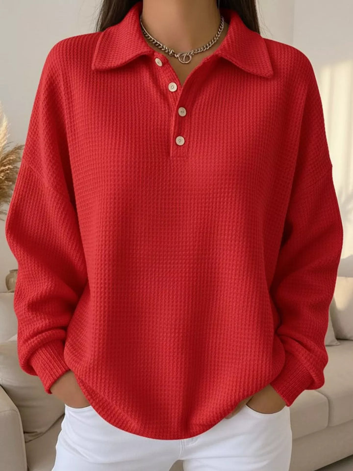 Red Waffle knit collared pullover with button placket