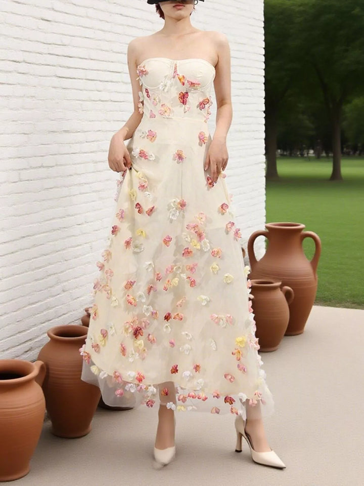 Apricot Strapless tulle maxi dress with 3D floral appliques