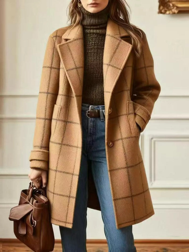 Camel Windowpane plaid longline single-breasted overcoat