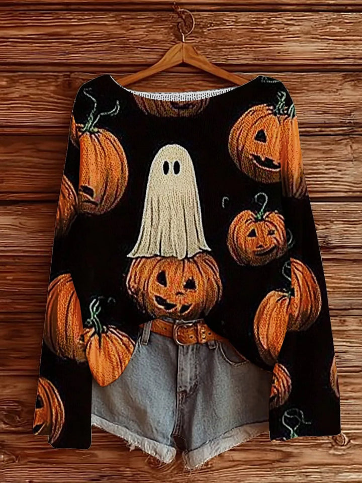 Black Halloween ghost and pumpkin graphic boat neck sweater