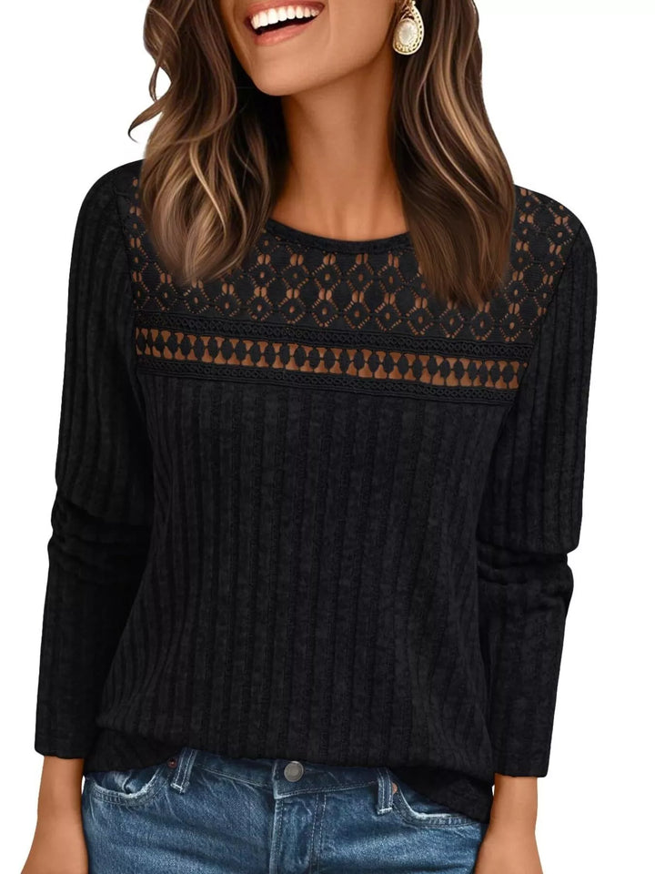 Ribbed knit long sleeve top with lace yoke
