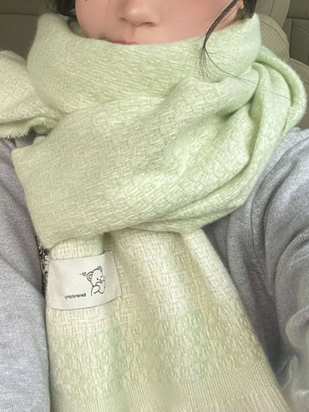 Basketweave texture oversized winter scarf with raw fringe hem
