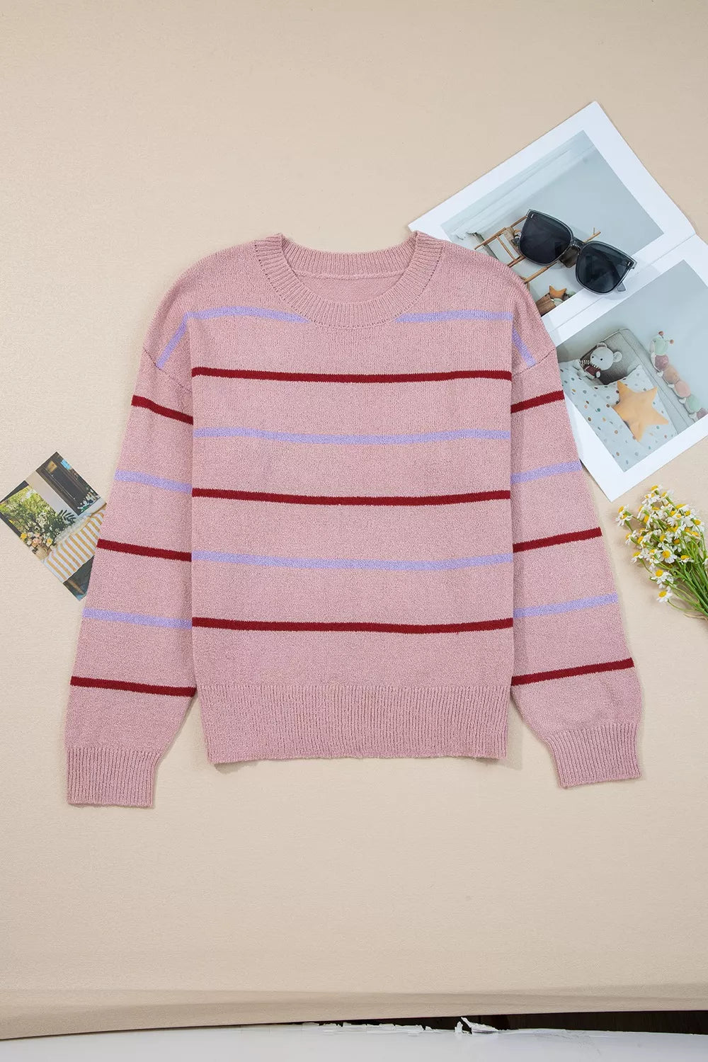 Striped drop-shoulder knit sweater with ribbed cuffs