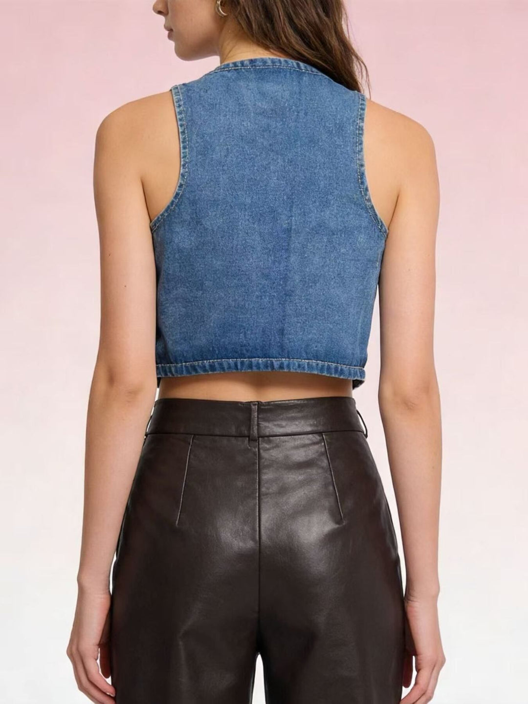 Cropped button-front denim vest with V-neck