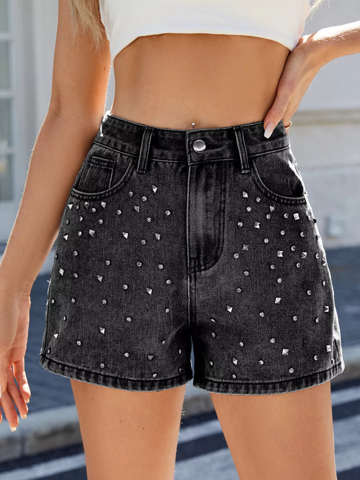 Studded rhinestone high-waist denim shorts