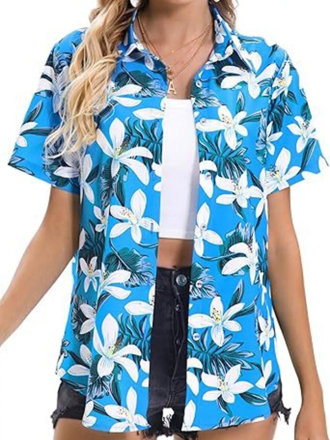 Pastel  Blue Tropical hibiscus print short sleeve button-up shirt