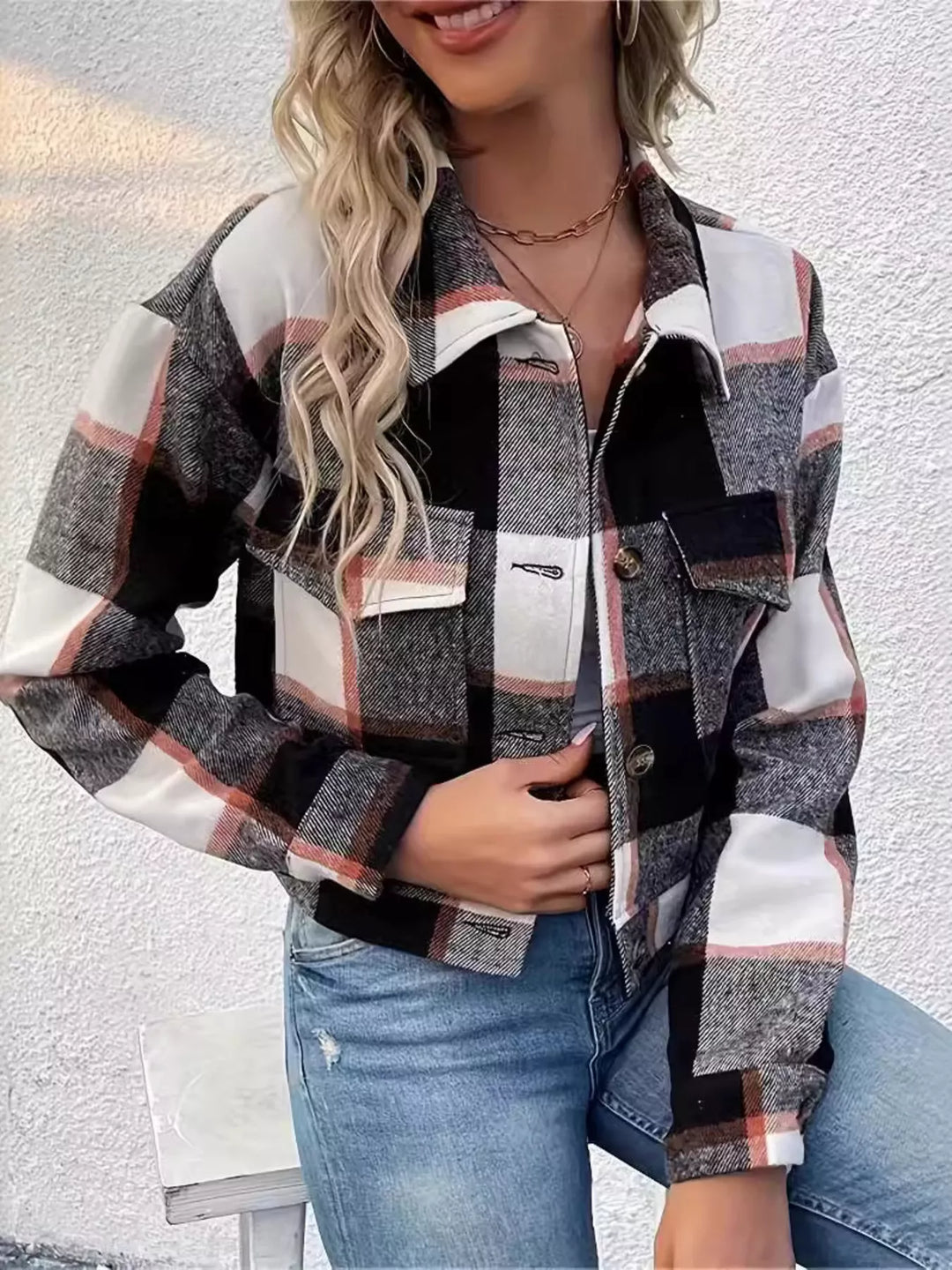 Black/White Plaid cropped shacket with chest pockets and button front
