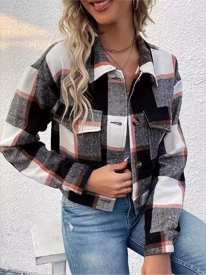 Black/White Plaid cropped shacket with chest pockets and button front