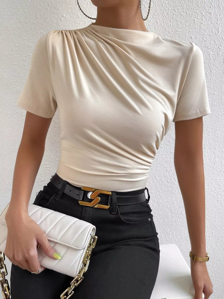 Ruched asymmetric short sleeve fitted top