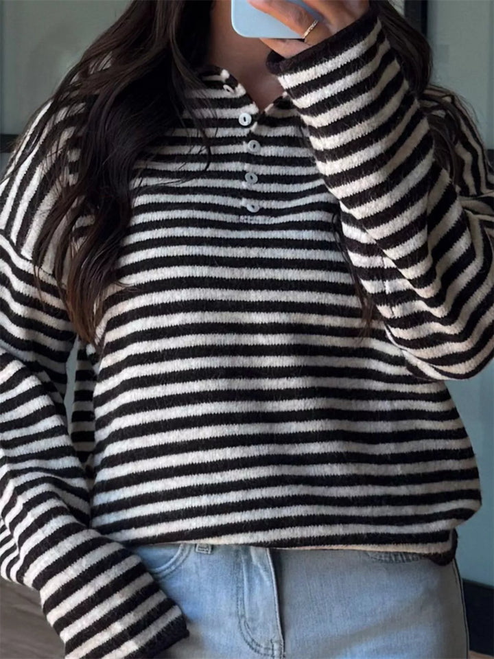 Striped dropped-shoulder collared sweater with button placket