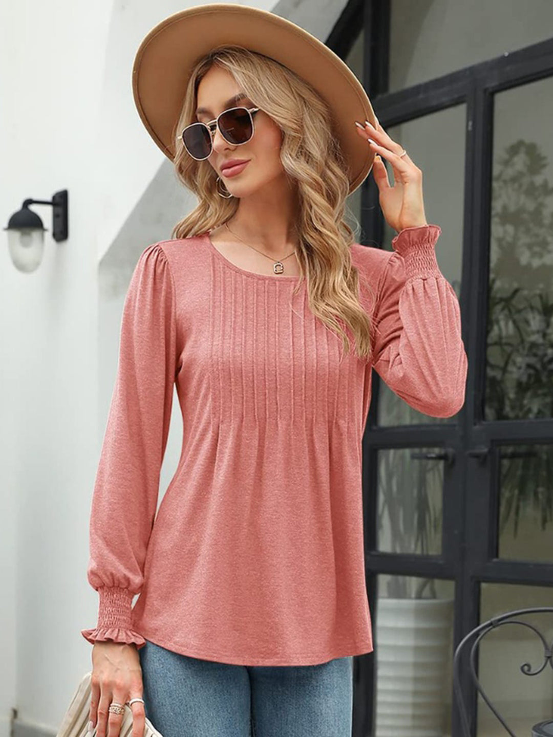 Pleated front lantern sleeve blouse with smocked cuffs
