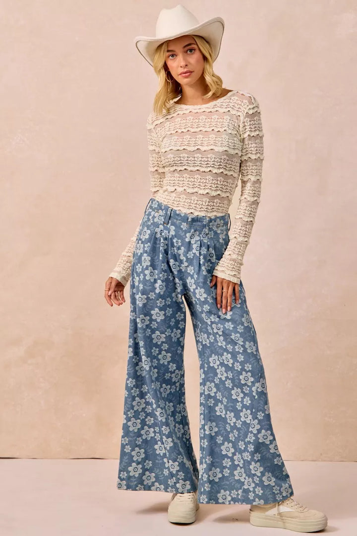 Floral lace long sleeve top with tiered ruffle rows