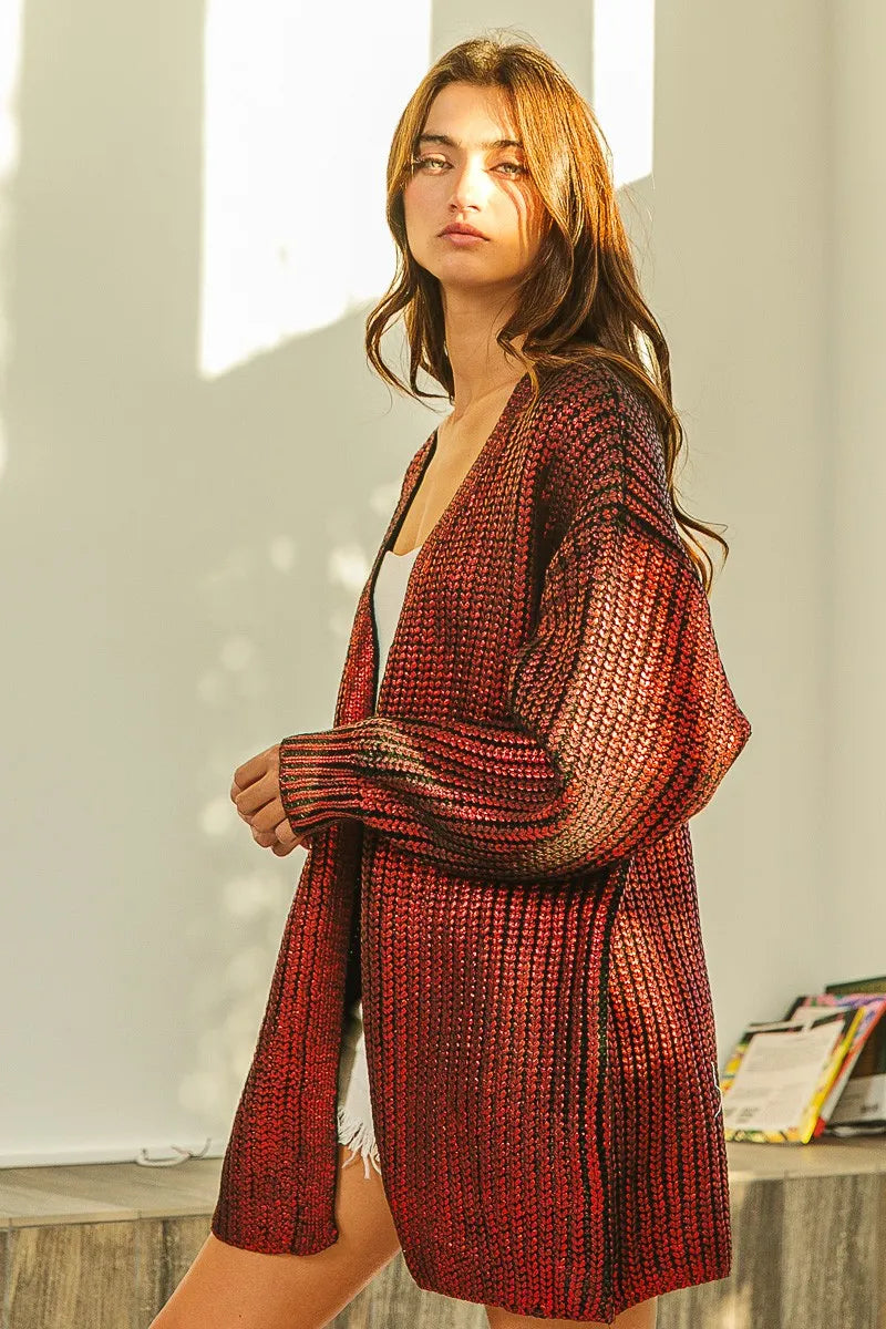 Metallic ribbed knit open-front longline cardigan