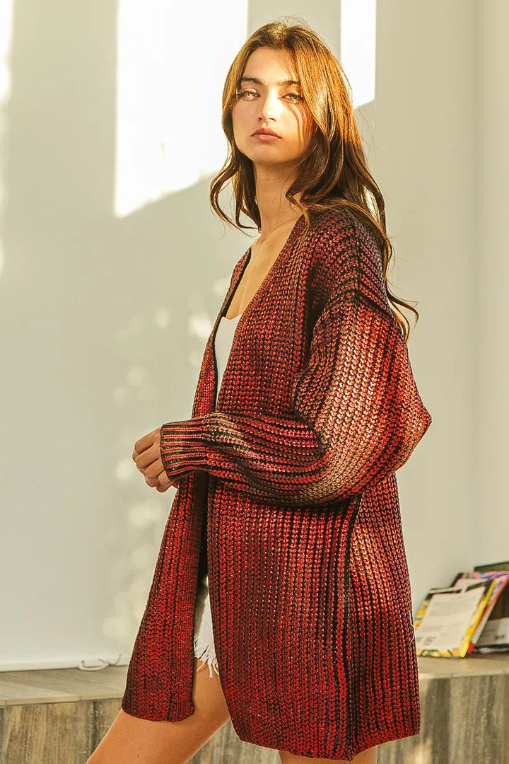 Metallic ribbed knit open-front longline cardigan