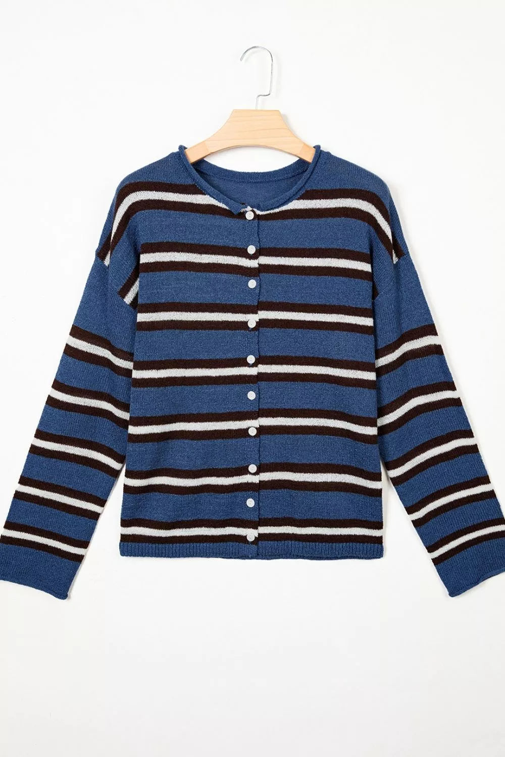 Striped drop shoulder button-front knit cardigan