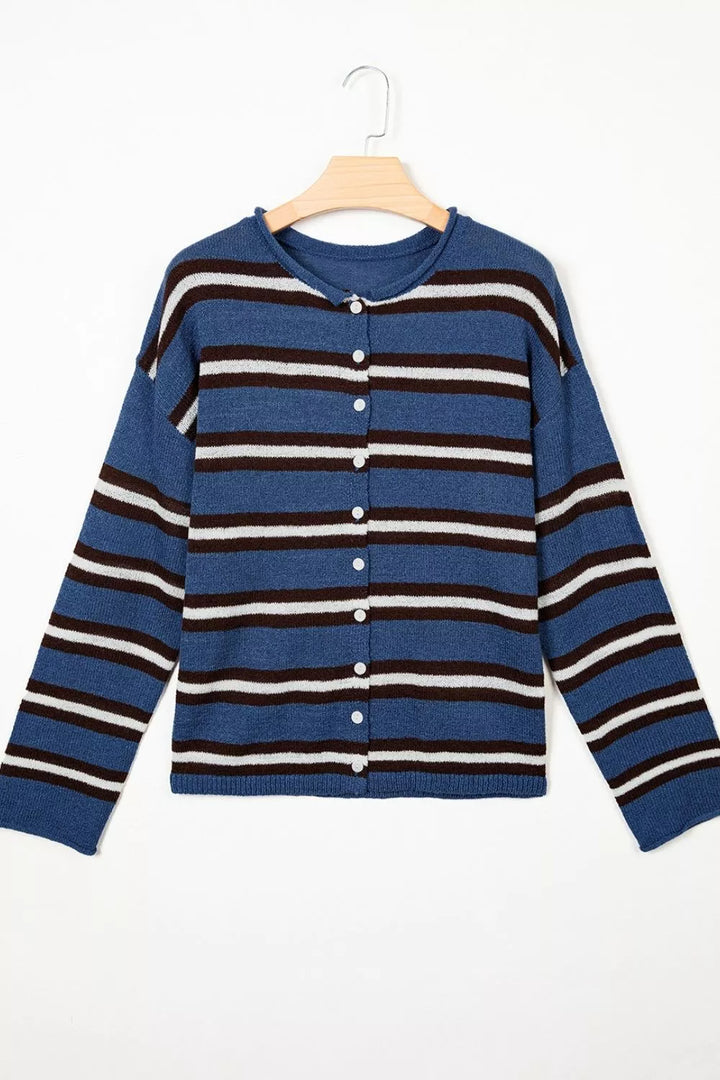 Striped drop shoulder button-front knit cardigan