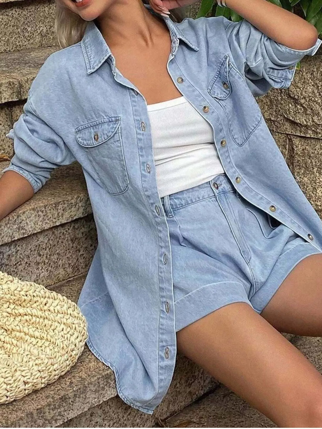 Oversized denim button-up shirt and cuffed shorts set