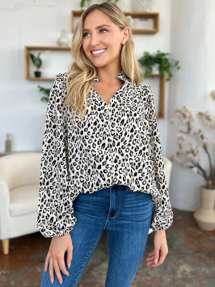 Leopard print button-front long sleeve tunic blouse