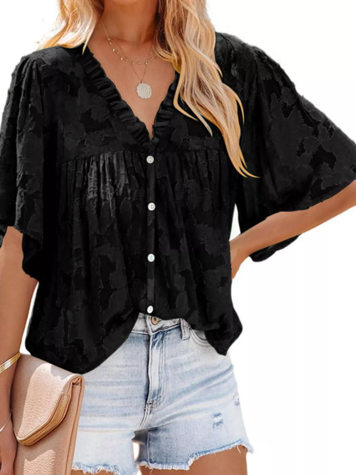 Black Textured V-neck ruffle-trim button-down blouse