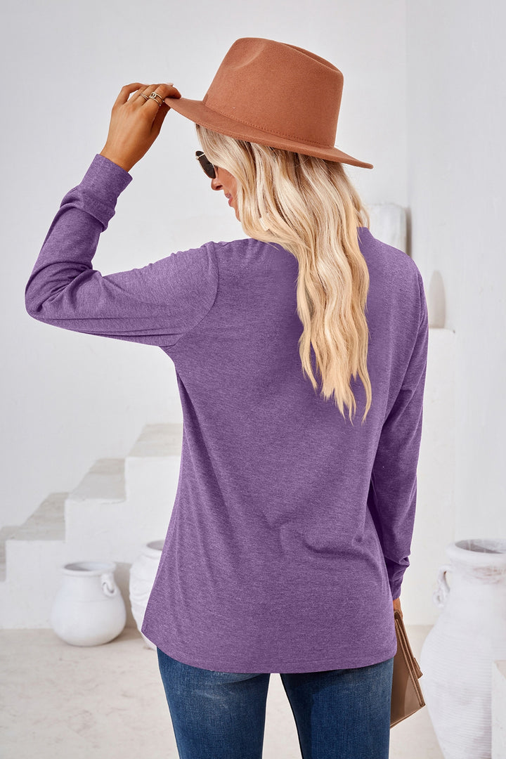 Buttoned split V-neck long sleeve henley top