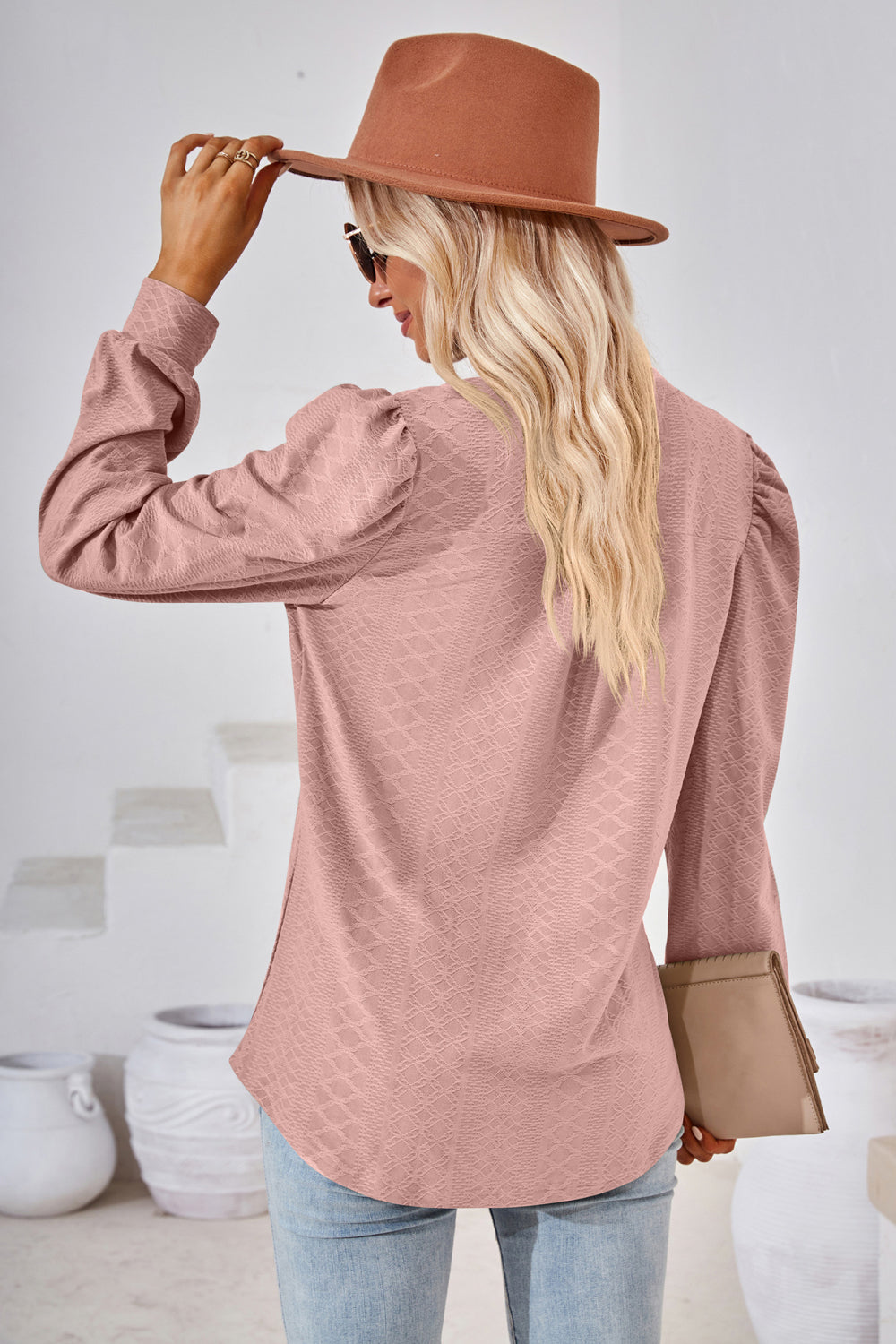 Textured knit split-neck puff sleeve blouse