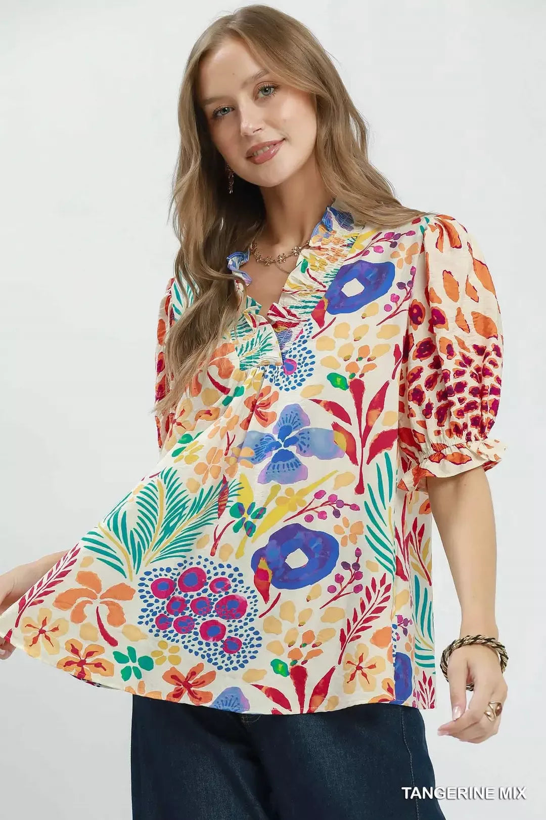 TANGERINE MIX Floral print V-neck puff sleeve blouse with ruffle trim