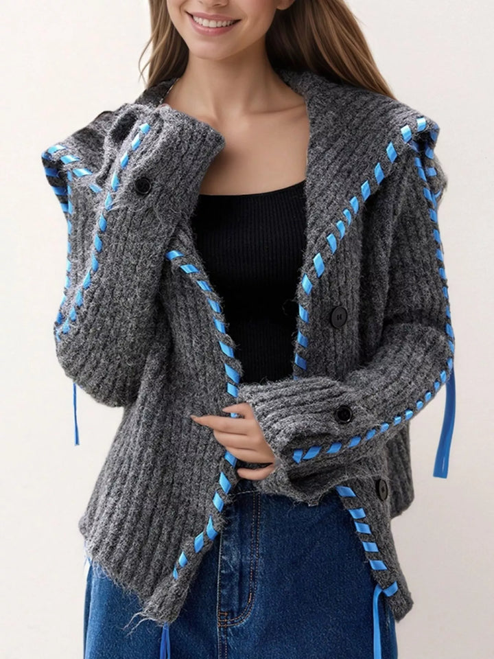 Ribbed knit button-front cardigan with contrast ribbon trim