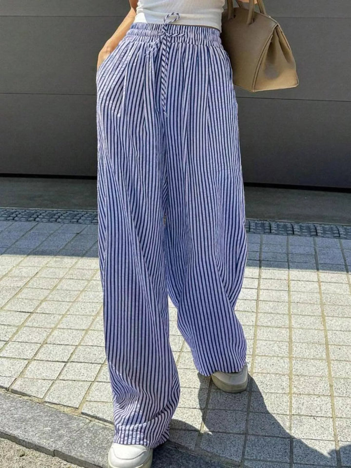 Striped wide-leg drawstring pants with side pockets