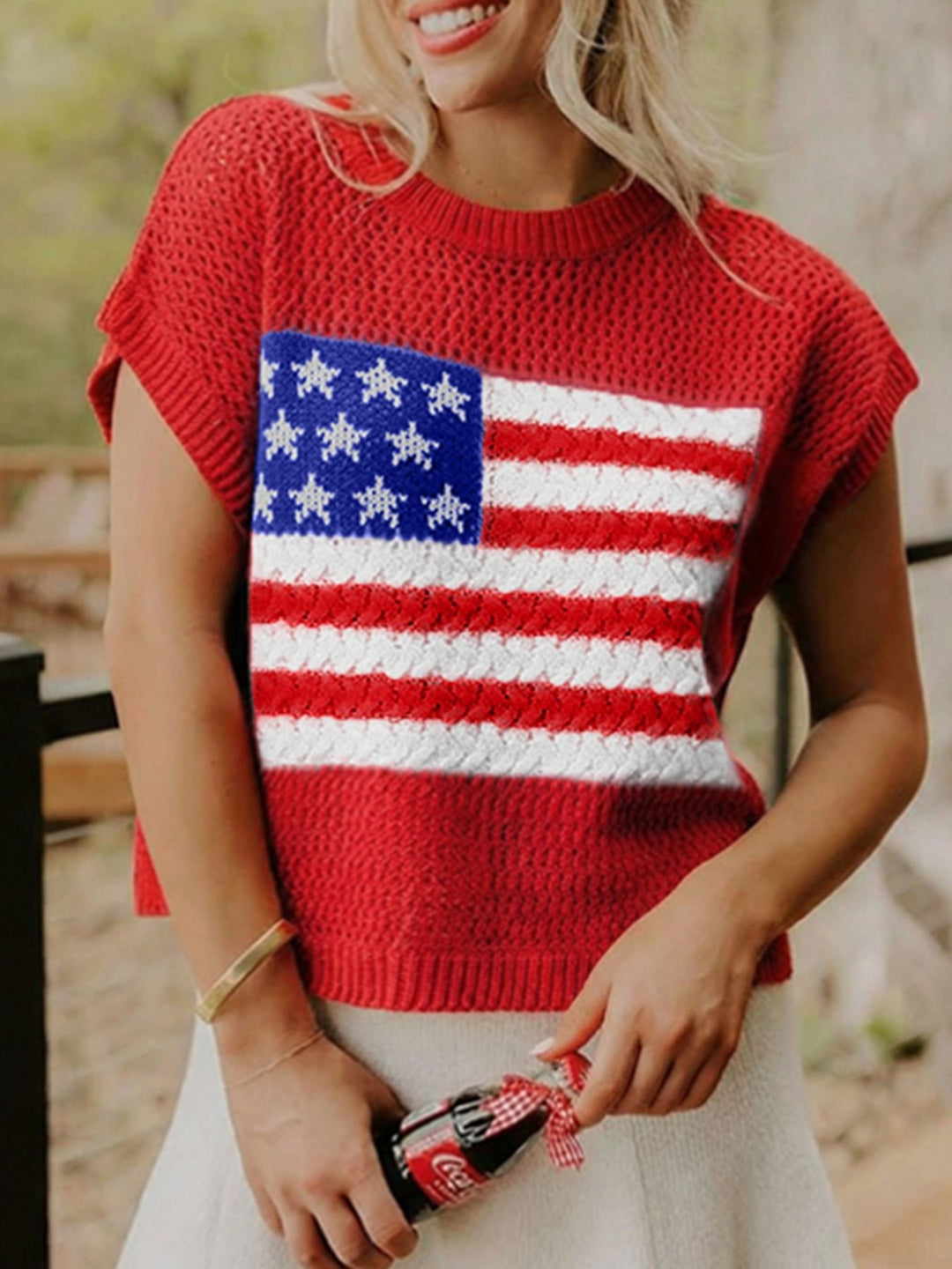 Deep Red American flag graphic knit short sleeve sweater