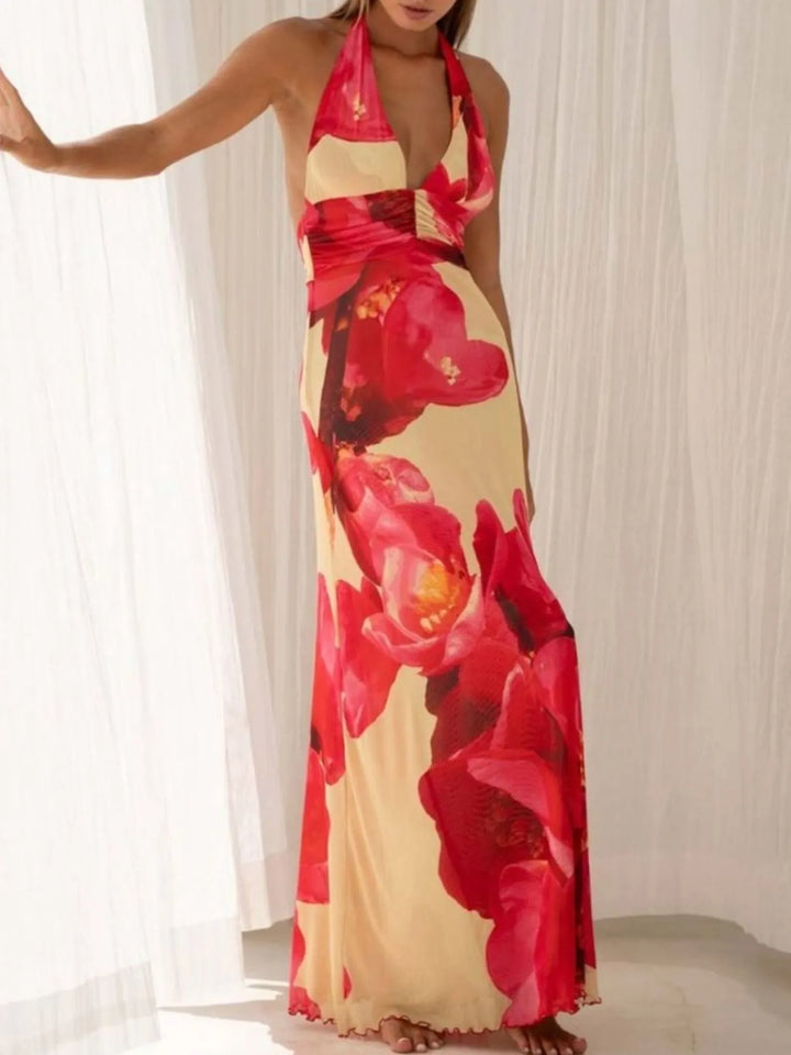 Backless floral halter deep V maxi dress with ruched waist