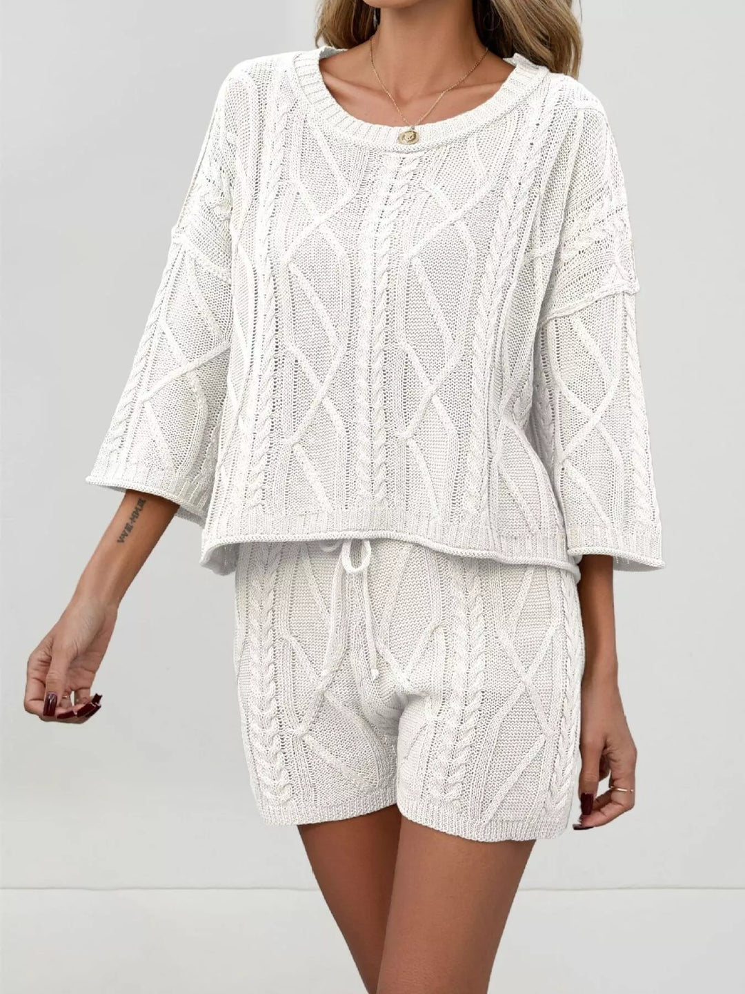 White Cable knit three quarter sleeve sweater and shorts set