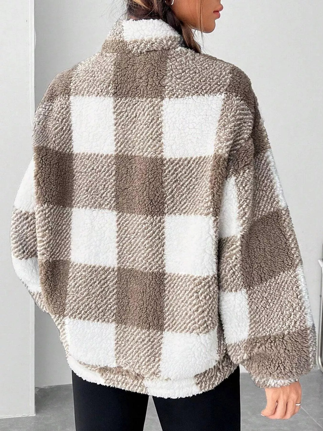 Plaid sherpa quarter-zip pullover with front pocket