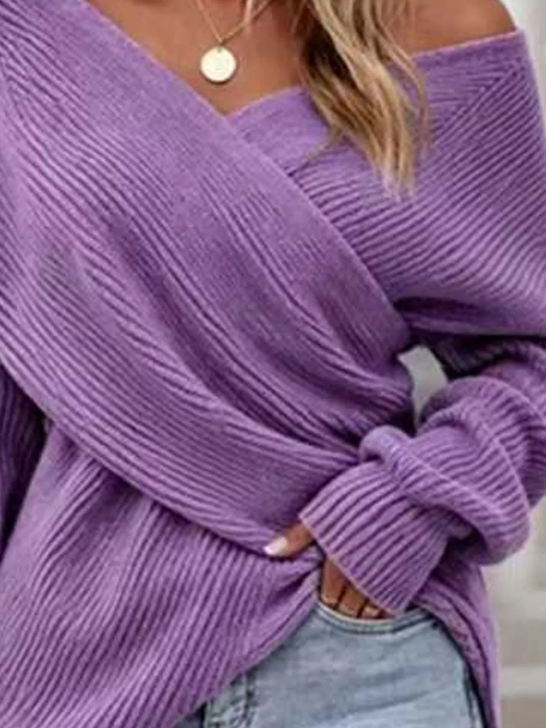Crisscross wrap front ribbed knit sweater with dolman sleeves