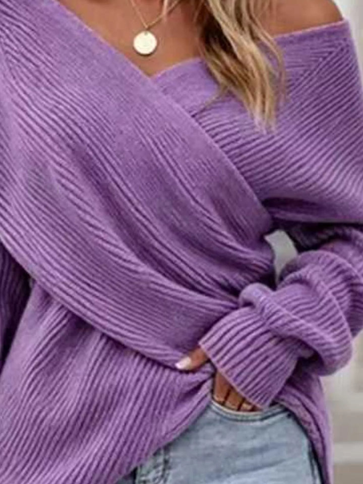 Crisscross wrap front ribbed knit sweater with dolman sleeves
