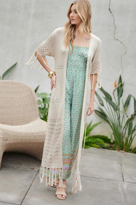 Solid Long Cardigan With Fringe - Azoroh