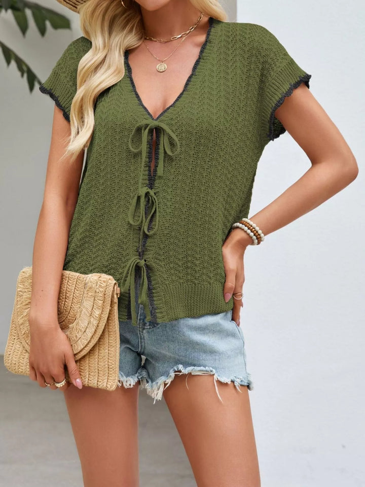 Green Tie-front openwork knit top with contrast trim