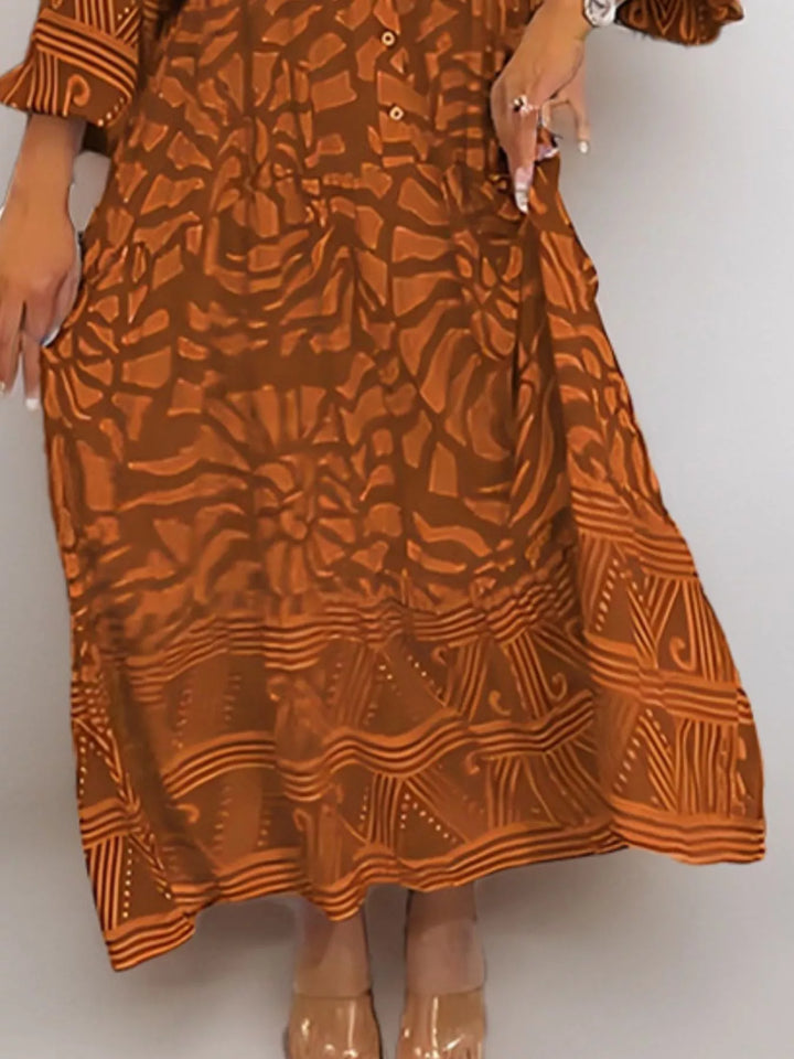Abstract print button-front tiered midi dress