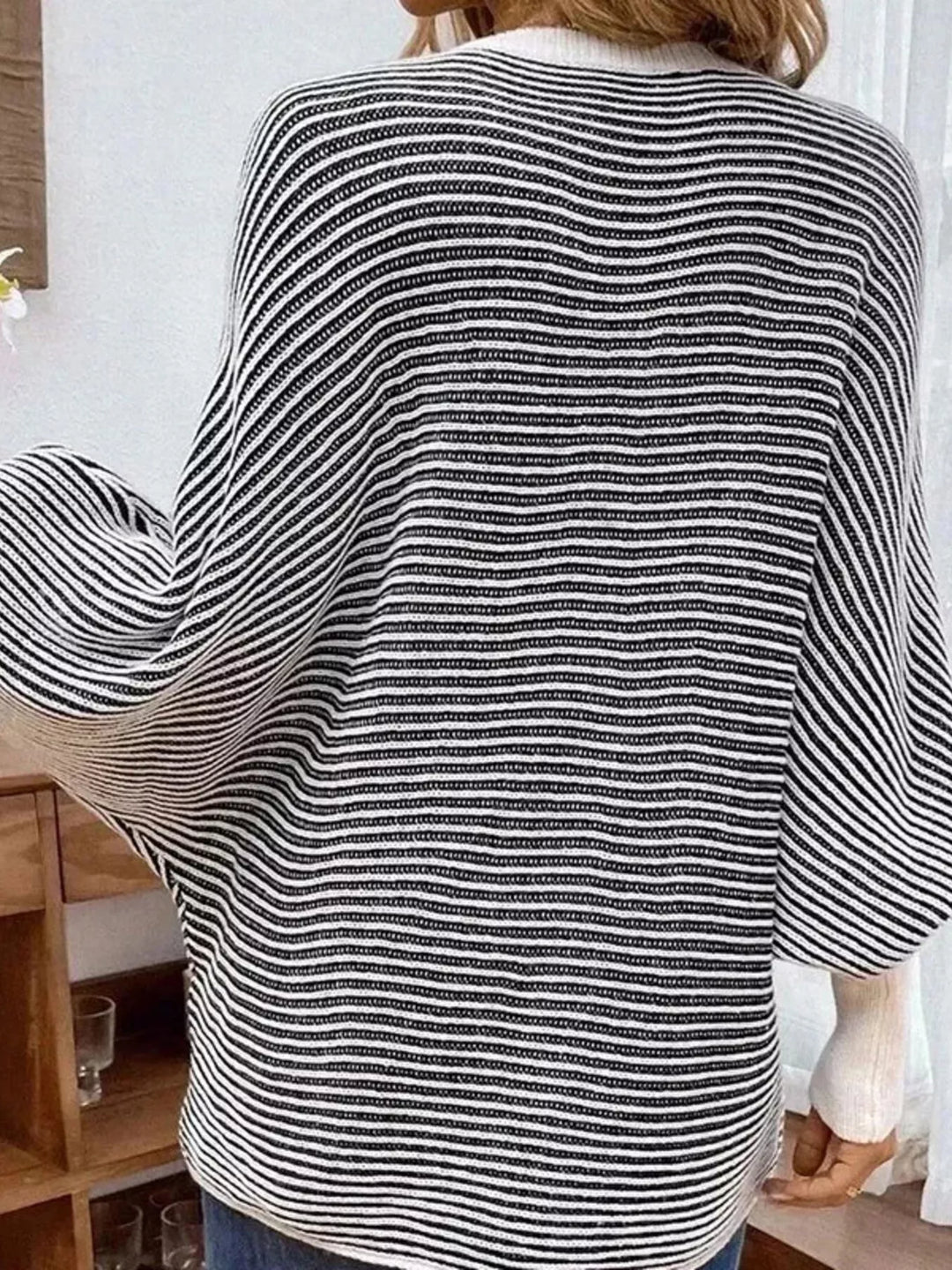 Striped ribbed knit batwing sleeve V-neck sweater