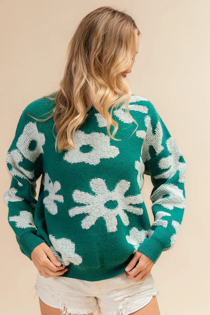 Floral pattern crew neck pullover sweater with long sleeves